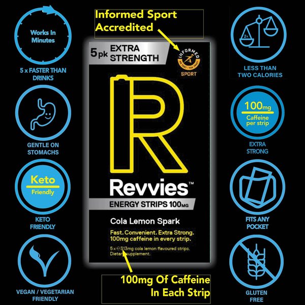 Revvies Extra Strength Energy Strips | Cola Lemon | 30 strips | 100mg Caffeine Strip | 1 strip = 1.25 x energy drink | Less than 2 Calories | Vegan | 6 x 5PK
