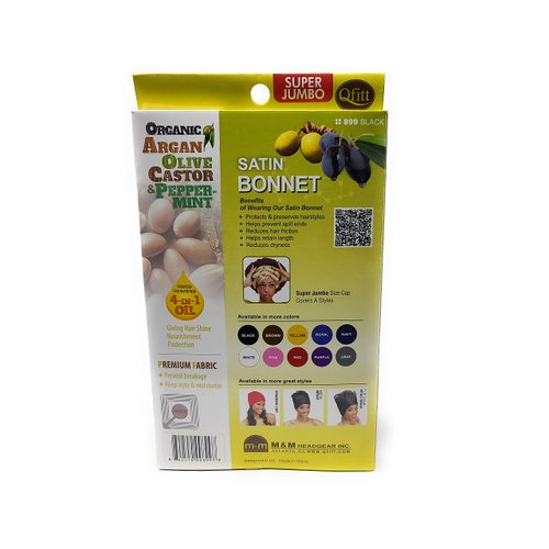 Qfitt Organic Argan + Shea Butter Olive Oil Super Jumbo Satin Bonnet #899 Black