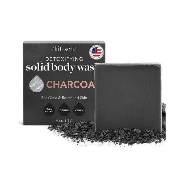 Kitsch Charcoal Soap Bar - Black Soap Bar for Detoxifying Skin | Charcoal Bar Soap for Men | Activated Charcoal Soap for Women Made in USA | Carbonic Soap Bar & Vegan Black Bar Soap for Oily Skin, 4oz