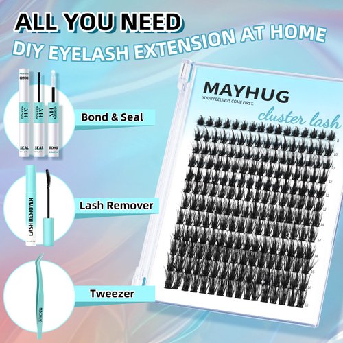 MH Cluster Eyelash Extensions Kit Lash Clusters Kit Lash Clusters with 12ML Bond and Seal Waterproof, 12ML Lash Remover, Lash Tweezers for DIY Lash Extension Kit (192PCS, 8-18mm)