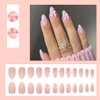 Almond Press on Nails with Bow Charm Designs Cute Pink Fake Nails Medium Almond Shaped Acrylic Nails Gloss False Nails Reusable Glue on Nails for Women Girls
