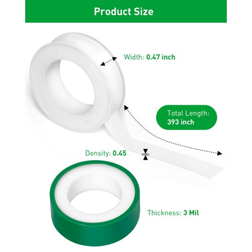 XEHAHOSH 3 Roll Plumbers Tape, Teflon Tape, -374 to 536 Degree F Temperature Range, High Density 0.45g/cm, Water Pipe Sealing Tape, Plumbing Tape, Duct Tape, L 390 in x W 0.47 in³. Green