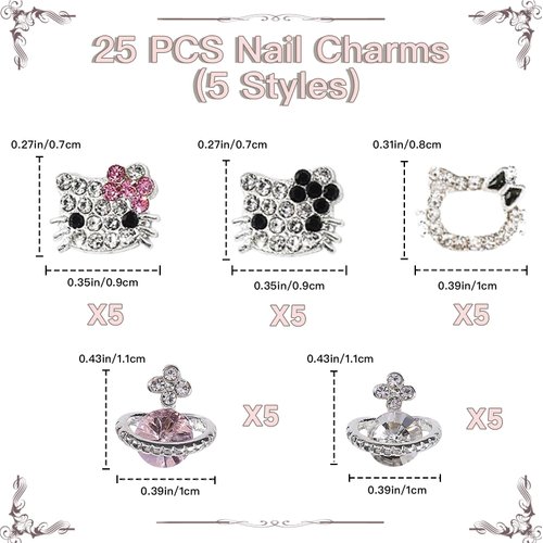 25PCS Hello kitty Nail Charms with Diamond Design, Kawaii Silver Bling Nail Charms with Hello Kitty and Planet Nail Charms, 3D Cute Metal Rhinestone Crystals Making for DIY Nail Art Decorations Supplies