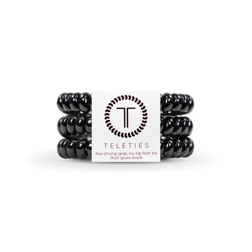 TELETIES - Small Spiral Hair Coils - Ponytail Holder Hair Ties for Women - Phone Cord Hair Ties - Strong Grip, No Rip, Water Resistant, No Crease - 3 pack - Jet Black