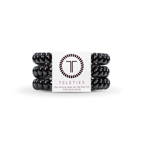 TELETIES - Small Spiral Hair Coils - Ponytail Holder Hair Ties for Women - Phone Cord Hair Ties - Strong Grip, No Rip, Water Resistant, No Crease - 3 pack - Jet Black