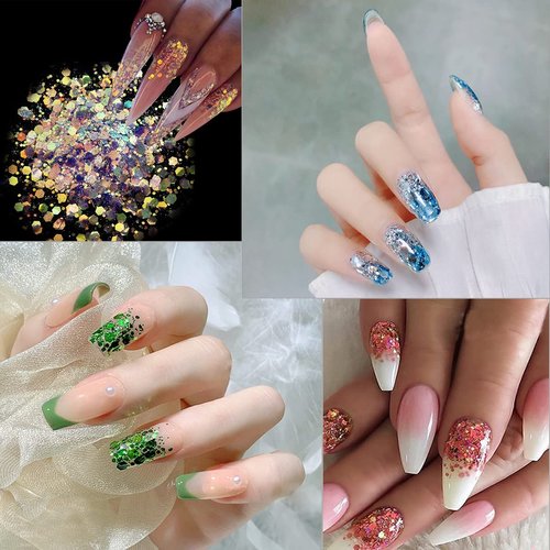 12 Colors Hexagon Chunky Glitter Holographic Crafts Stickers Sequins Nail Glitter Mermaid Powder Flakes Shiny Charms Hexagon Sequins Suitable for Women Girls Decoration Acrylic Nails