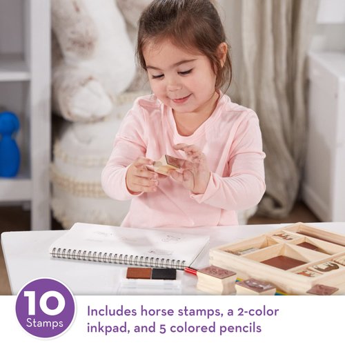Melissa & Doug Wooden Stamp Activity Set: Horse Stable - 10 Stamps, 5 Colored Pencils, 2-Color Stamp Pad - Horse Stamps With Washable Ink, Horse Gifts For Girls And Boys Ages 4+