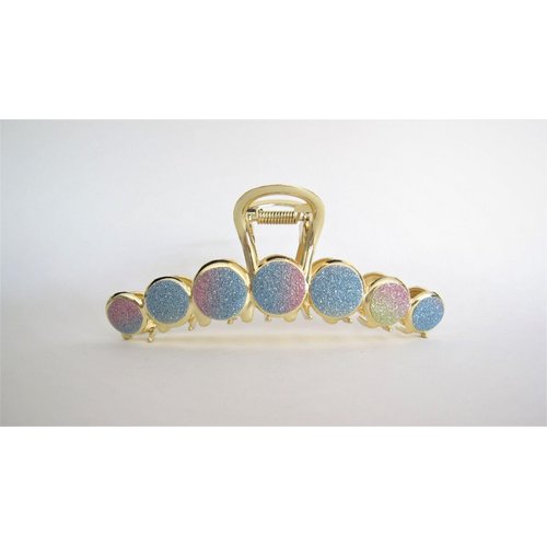 Long gold metal and rainbow glitter circles hair claw clip