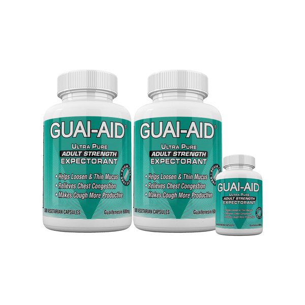 Guai-Aid 1024 600mg Ultra-Pure Guaifenesin Veg. Capsules (2 Bottles of 500 Capsules & 24 Size Travel Bottle)