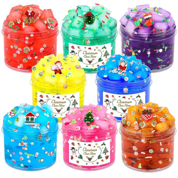 8 Pack Christmas Clear Slime kit, Jelly Cube Slime Party Favor, Crunchy Crystal Slime for Girls and Boys, DIY Birthday Boba Slime for Kids, Cute Charms Stress Relief Slime Toys, Soft Non-Sticky