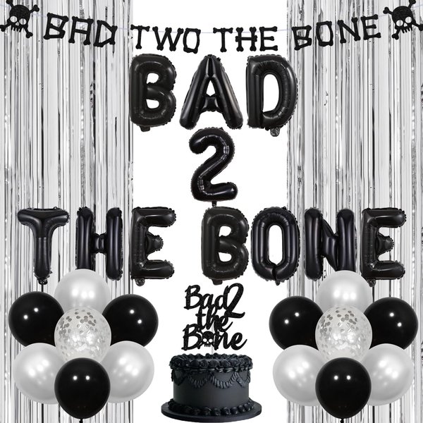 kreat4joy Bad Two The Bone Party Decorations Boy, Music Theme 2nd Birthday Decorations Foil Balloons Banner Cake Topper Fringe Curtain for Skeleton Rock and Roll Birthday Party