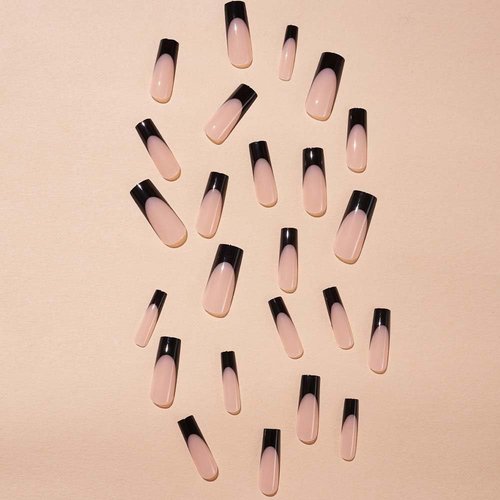 ANDGING French Tip Press on Nails Long Coffin Black Fake Nails with Design Glue on Nails for Women Acrylic False Nails Full Cover Stick on Nails Reusable Manicure Press on Nail for Wedding 24Pcs B82