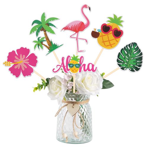 18 PCS Tropical Aloha Luau Centerpiece Sticks Palm Tree Turtle Leaves Flamingo Pineapple Table Flower Centerpieces for Summer Hawaiian Tropical Luau Theme Birthday Party Decorations Supplies