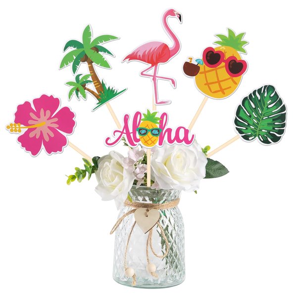 18 PCS Tropical Aloha Luau Centerpiece Sticks Palm Tree Turtle Leaves Flamingo Pineapple Table Flower Centerpieces for Summer Hawaiian Tropical Luau Theme Birthday Party Decorations Supplies