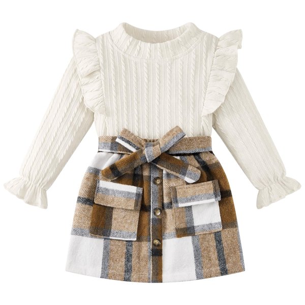 Weixinbuy Kids Toddler Baby Girl Fall Winter Outfit Long Sleeve Ribbed Knitted Shirt Sweater Top Button Skirt 2PCS Clothes Set Beige 2-3 Years