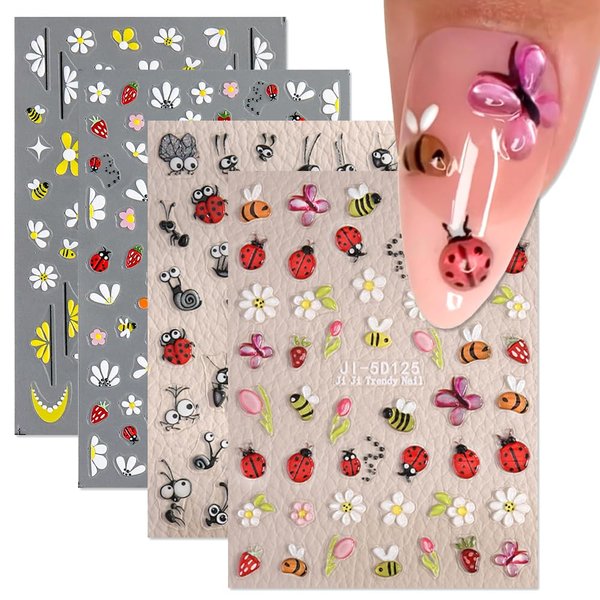 Cute Bee Ladybug Ant Nail Art Stickers, 4 Sheets 5D Embossed Self-Adhesive Nail Decals Flowers Daisy Butterfly Strawberry Nail Designs for Women Girls DIY Manicure Decorations