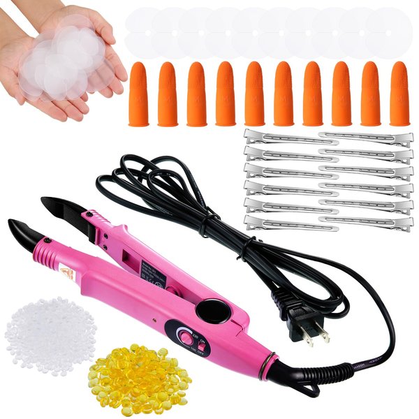 Lothee Fusion Hair Extension Tools Keratin Hair Extension Fusion Heat Iron Hair Extension Heat Tool with Fusion Glue Protector Template Hair Clips Finger Protector 2 Bags Keratin Glue Granule (Pink)
