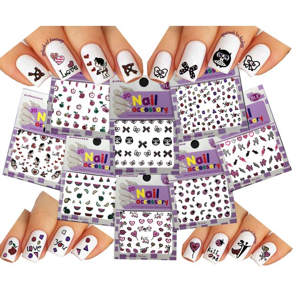 Glitter Nail Art 3D Stickers Decals Fun & Colorful Bows, Owl, Love, Poodle, Cupid, Apple, Watermelon, etc. Pack of 8 Mixed Designs
