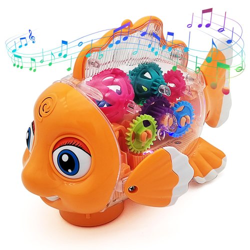 Tipmant Cute Electric Fish Toy Electronic Goldfish Animal Vehicle Car Auto Driving, Transparent Gears, Music, Flash Led Lights, Baby Toddler Kids Birthday Gifts