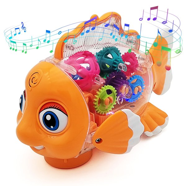 Tipmant Cute Electric Fish Toy Electronic Goldfish Animal Vehicle Car Auto Driving, Transparent Gears, Music, Flash Led Lights, Baby Toddler Kids Birthday Gifts