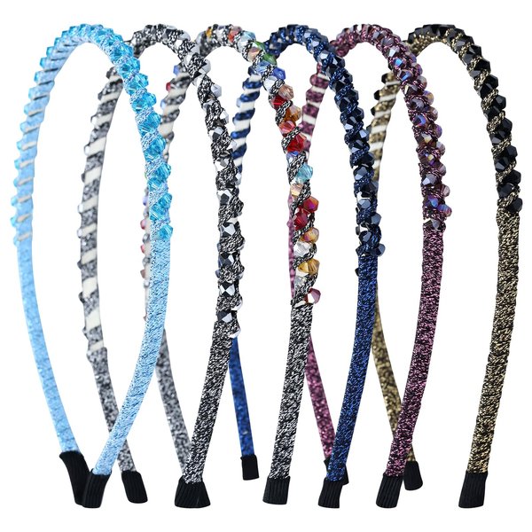 Dizila 6 Pieces Glitter Rhinestone Crystal Beaded Headbands Wedding Party Prom Thin Hair Bands Hoops Accesssories for Women Girls Teens