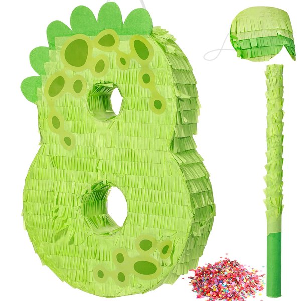 Poen 16 Inch Dinosaur Piñata Number Piñata for Boys Birthday Party Supplies with Bat and Eye Mask for Dinosaur Birthday Party Dino Decorations, Animal Theme Party Supplies(8)