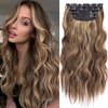 Wavy Hair Extension for Women 20 Inch Long Wavy Hairpieces Black Brown Clip in Hair Extensions Fiber Double Weft Hair 4PCS Full Head Thick Synthetic Clip in Hairpieces(Honey Blonde Mixed Light Brown)