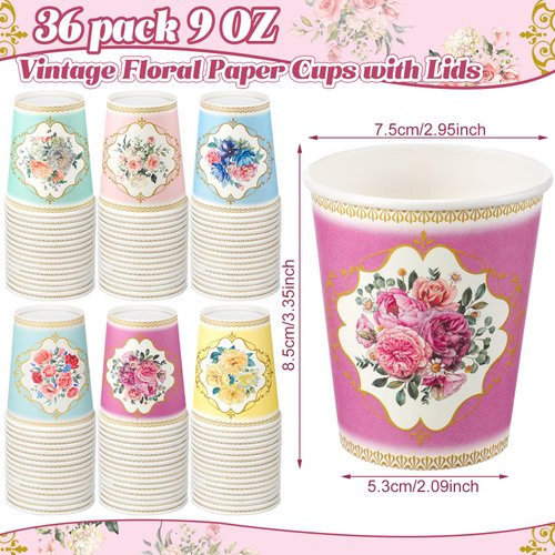 Karenhi 36 Pack 9 oz Spring Floral Paper Cups Vintage Tea Party Cup Disposable Coffee Cups with Lids for Women Girls Bridal Party Wedding Tea Party Decorations Baby Shower(Retro)