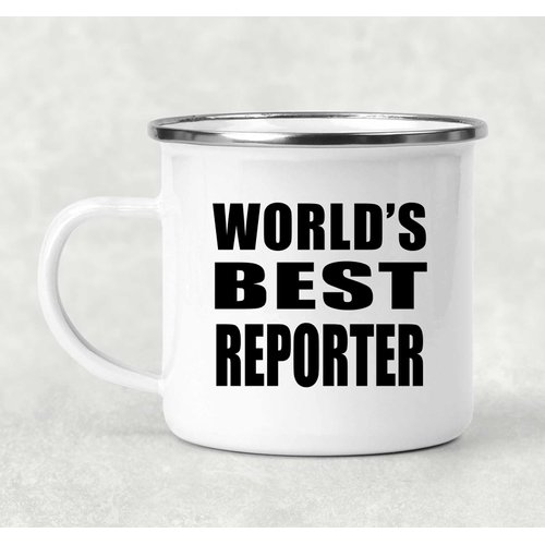 Designsify Gifts, World's Best Reporter, 12oz Camping Mug Stainless Steel Enamel Tea-Cup with Handle, for Birthday Anniversary Mom Dad Parents Fathers Mothers Day Party, to Men Women Him Her Friend