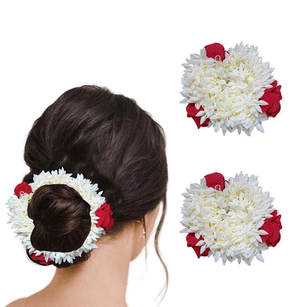 Generic ZOLTO COLLECTION (2 Pcs) Scented Mogra Gajra WITH RED ROSES Hair Accessories For Women & Girls - Hair Flower Bun Artificial Fake Gajra Scrunchies Rubber Band, OFF-WHITE