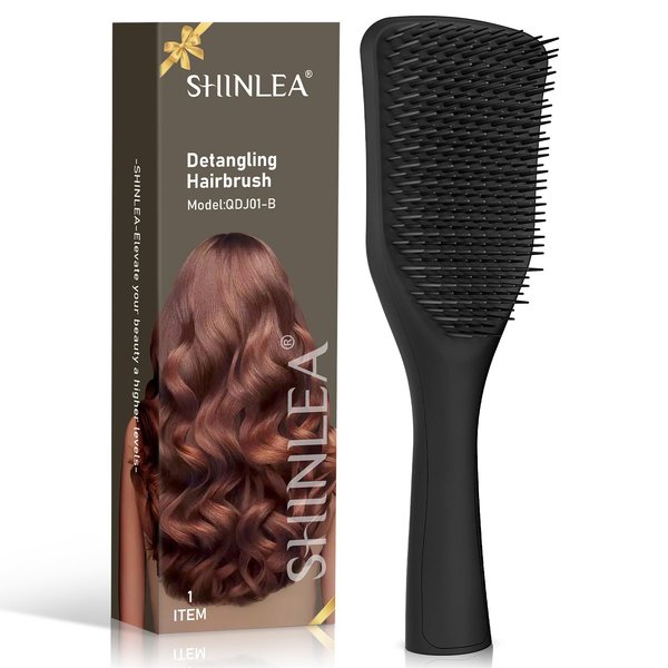SHINLEA Detangler Hair Brush for Wet & Dry Hair, No Tangle Wave-shaped Soft Bristle Hairbrush for Reduces Breakage, Lightweight Travel Brush Detangling All Hair Types, Black