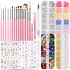 Fcozpjk Nail Design Kit, Nail Art Brushes Set Dotting Tools, Nail Art Kit With 3D Flowers Nail Charms Crystal Gems Caviar Beads, Gold Leafs Foil Flakes, Butterfly Nail Stickers French Tips Strips