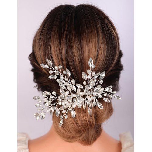 Teyglen Bridal Rhinestone Wedding Hair Comb Silver Crystal Pearl Side Comb Bridal Hair Piece Wedding Hair Accessories for Women Girls