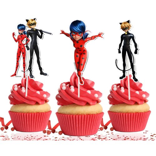 Miraculous Ladybug Cupcake Toppers for Kids. Cartoon Miraculous Ladybug Theme Birthday Party Supplies.