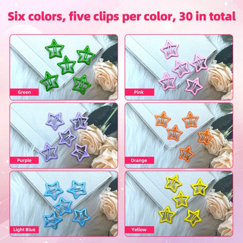 Yutniverse 30 PCS Colorful Star Hair Clips 6 Colors Y2K Accessories Star Clips Snap Hair Clips for Women Cute Metal Hair Clips Non Slip Star Hair Accessories Star Barrettes for Christmas