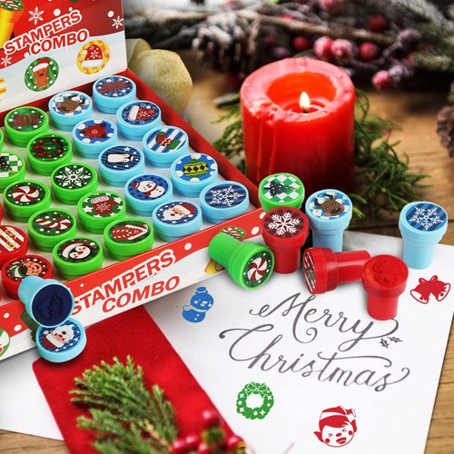 SULOLI 30pcs Christmas Stamps, Assorted Colored Self Ink Christmas Stampers with 30 Styles Mini Plastic Holidays Stampers for Kids Toys Xmas Party Favors Bag Fillers Card Making