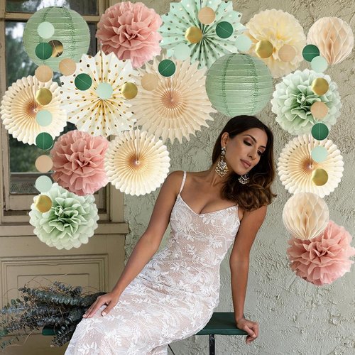 Sage Green and Pink Party Decorations Sage Green Party Decor Sage Pink Cream Paper Pom Poms Paper Fans Cicle Dots Garland for Women Girls Birthday Baby Shower Bridal Shower Wedding Party Decor