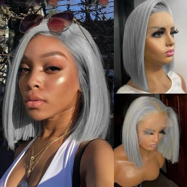 Mscathy Lace Front wigs Natural Look Fluffy Cat Eye Wispy Lashes Pack (Grey Bob, 14 Inch)