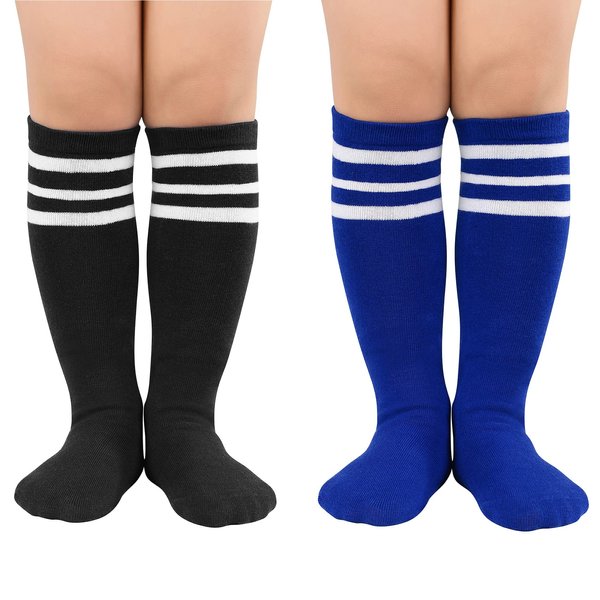 Durio Kids Soccer Socks Soft Toddler Girls Soccer Socks Cozy Cotton Boys Soccer Socks Cute Girls Knee High Socks Blue/Black with White Stripes
