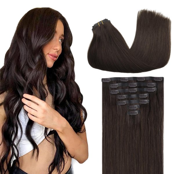 GOO GOO Clip in Hair Extensions Real Human Hair, 16inch 110g 7Pcs, 2A Light Brown, Remy Human Hair Extensions Clip ins for Women, Natural Human Hair