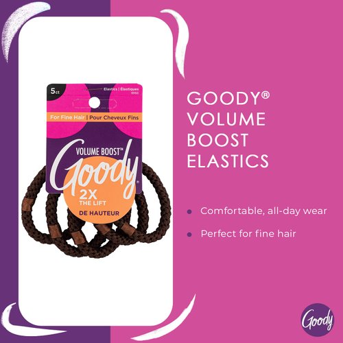 GOODY Volume Boost Ponytailers Elastics Hair Tie for Fine Hair - 5 Count, Brown - Ouchless Pain-Free Hair Accessories for Women, Men, Boys, & Girls - Perfect for Long Lasting Braids, Ponytails & More