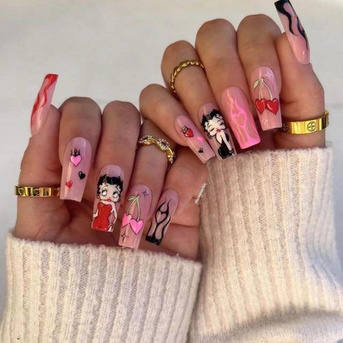 Halloween Press on Nails Long Fake Nails with Stars Hearts Spider Web Sweet Young Acrylic Nails Pink Flash White French Tip Stick on Nails Artificial Nails for Women Girls 24pcs