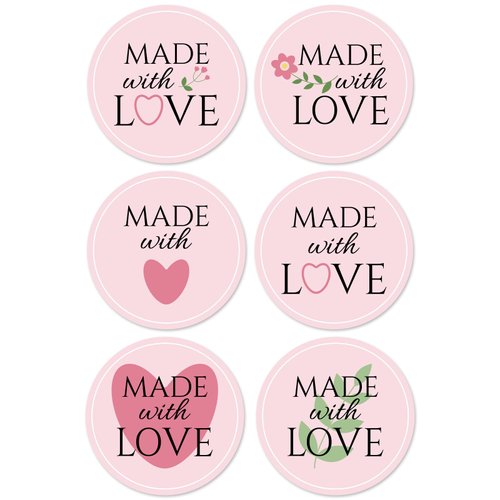 Lolocor 300pcs 1.75" Made with Love Round Gift Labels - Heart, Floral & Green Leaf Design, Eco-Friendly Glossy Stickers for Homemade Handmade DIY Gifts, Treats, Crafts, Beauty, Gift Decoration