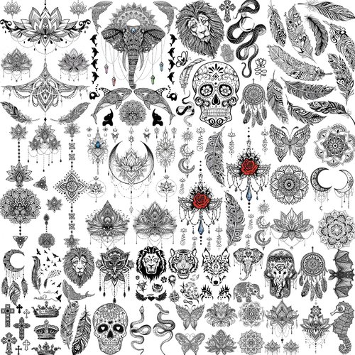 31 Sheets Indian Black Temporary Tattoos for Women Girls Adults Arm, Bohemia Lotus Tribal Skull Lion Elephant Fake Tattoo Stickers Feather Moon Snake
