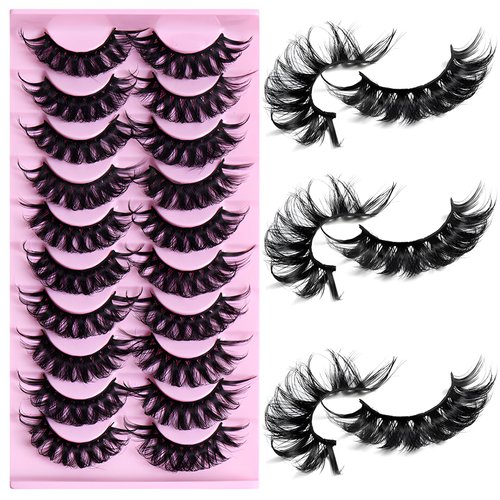 LuckForever 10 Pairs False Eyelashes Russian Strips Eye Lashes Wispy False Lash Fluffy Eyelash Extension Natural Look D Curly Volume Fake Eyelashes Reusable Faux Eye Eyelash for Women Girls