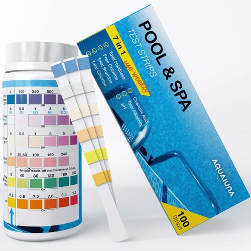 Aqualuna Pool and Spa Test Strips: 100ct 7 Way Hot Tub Test Kit Testing for Free Chlorine, Total Chlorine, Bromine, Total Hardness, Total Alkalinity, pH and Cyanuric Acid, Accurate Hot Tub Test Strips