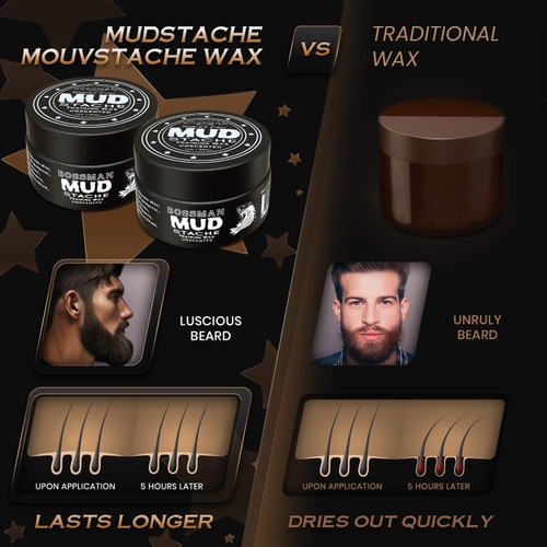 Bossman MUDstache Unscented Mustache Wax - 2 Pack – No Pull - Spreads Easy for a Strong Non-Tacky 24 hr Hold - Tame, Train and Style - Moustache Wax for Men (1oz)