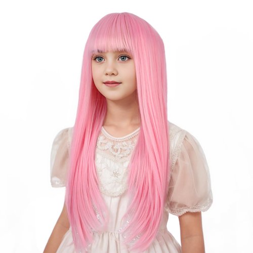 Edivd Girls Light Pink Wig Long Pastel Pink Wig with Air Bangs for Kids Long Pale Pink Straight Wig for Child Heat Resistant Synthetic Wig with Wig Cap