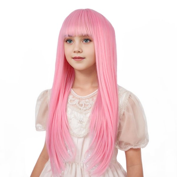 Edivd Girls Light Pink Wig Long Pastel Pink Wig with Air Bangs for Kids Long Pale Pink Straight Wig for Child Heat Resistant Synthetic Wig with Wig Cap