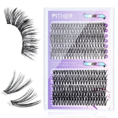 Lash Clusters, PITHER 280PCS 0.07MM Individual Lashes Extension Natural 30D 40D D Curl Mix 9-16mm Wispy Self Application False Eyelash Clusters Super Thin Band Soft
